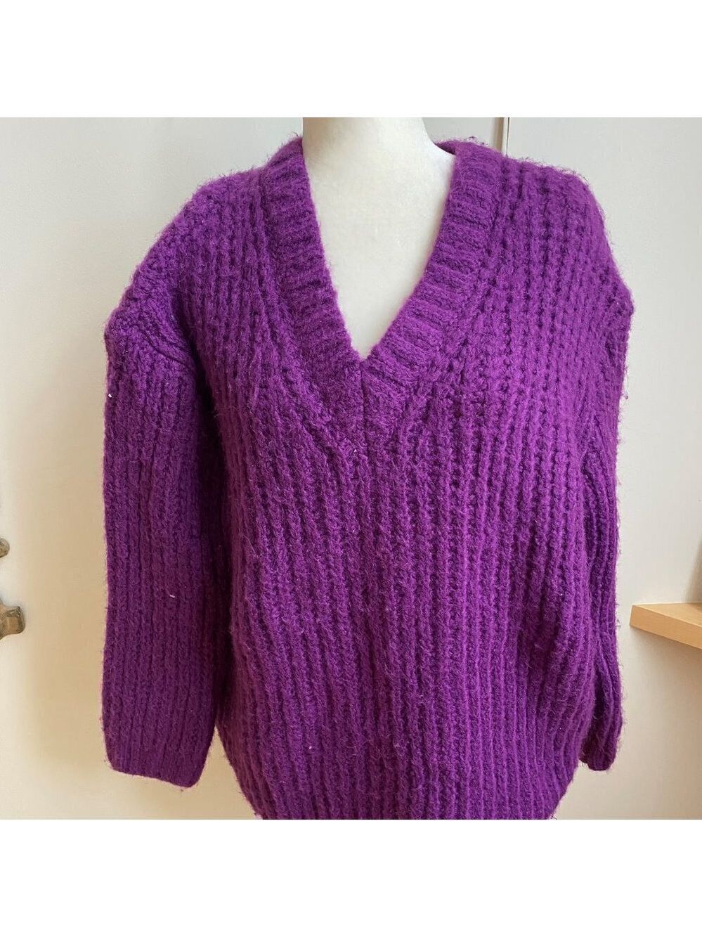 MANGO Women BNWT Purple Sweater Chunky Sz Small NEW Vneck